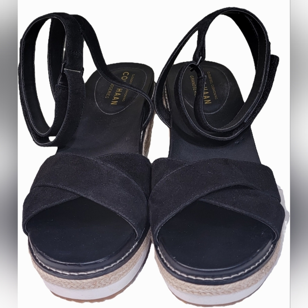 Cole Haan Black Suede Espadrille Platform Sandals with Ankle Wrap